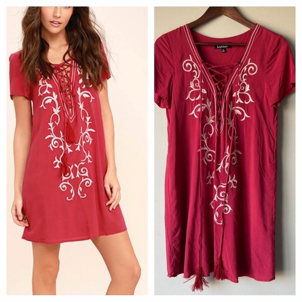 Lulus Boho‎ Embroidered Lace-Up Tassel Shift Dress Magenta IDA70244 Womens Small